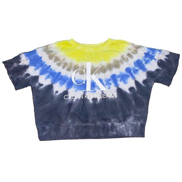 Calvin Klein Jeans Crop Top Sweater Size Large Short Sleeve Tie-Dye Multicolor - Picture 1 of 4